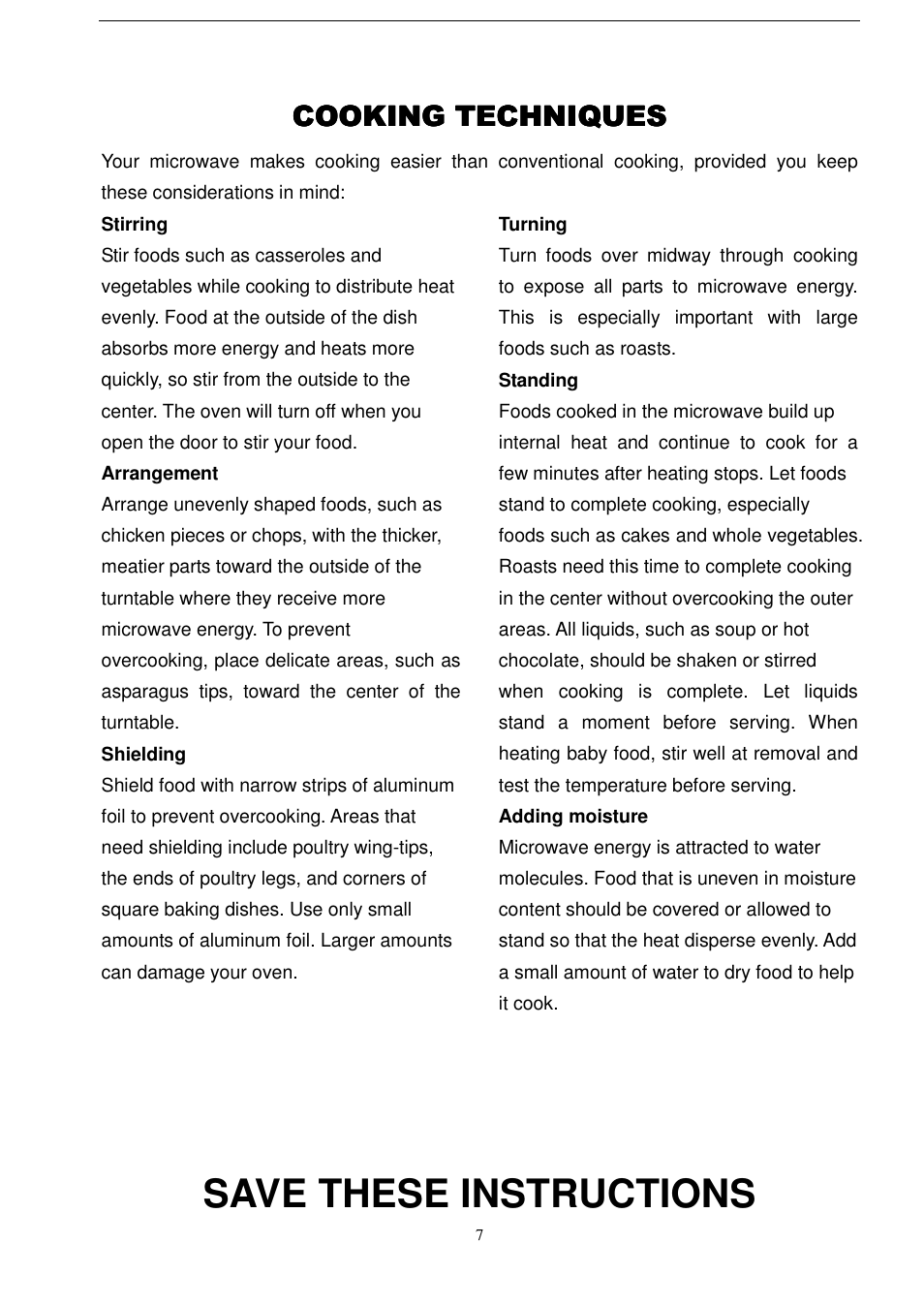 Save these instructions, Cooking techniques | Magic Chef MCD990STG User Manual | Page 8 / 19