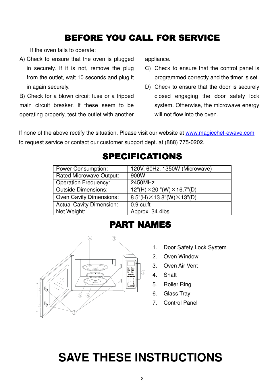 Save these instructions, Before you call for service, Specifications | Part names | Magic Chef MCD990STG User Manual | Page 9 / 19