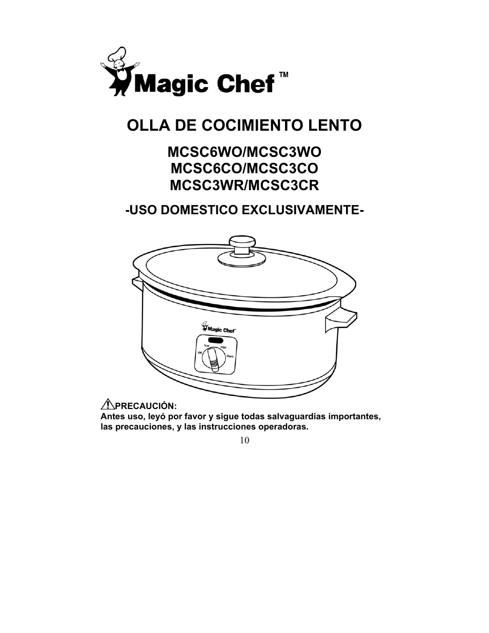 Olla de cocimiento lento, Mcsc6wo/mcsc3wo, Uso domestico exclusivamente | Magic Chef MCSC3CRs User Manual | Page 10 / 19