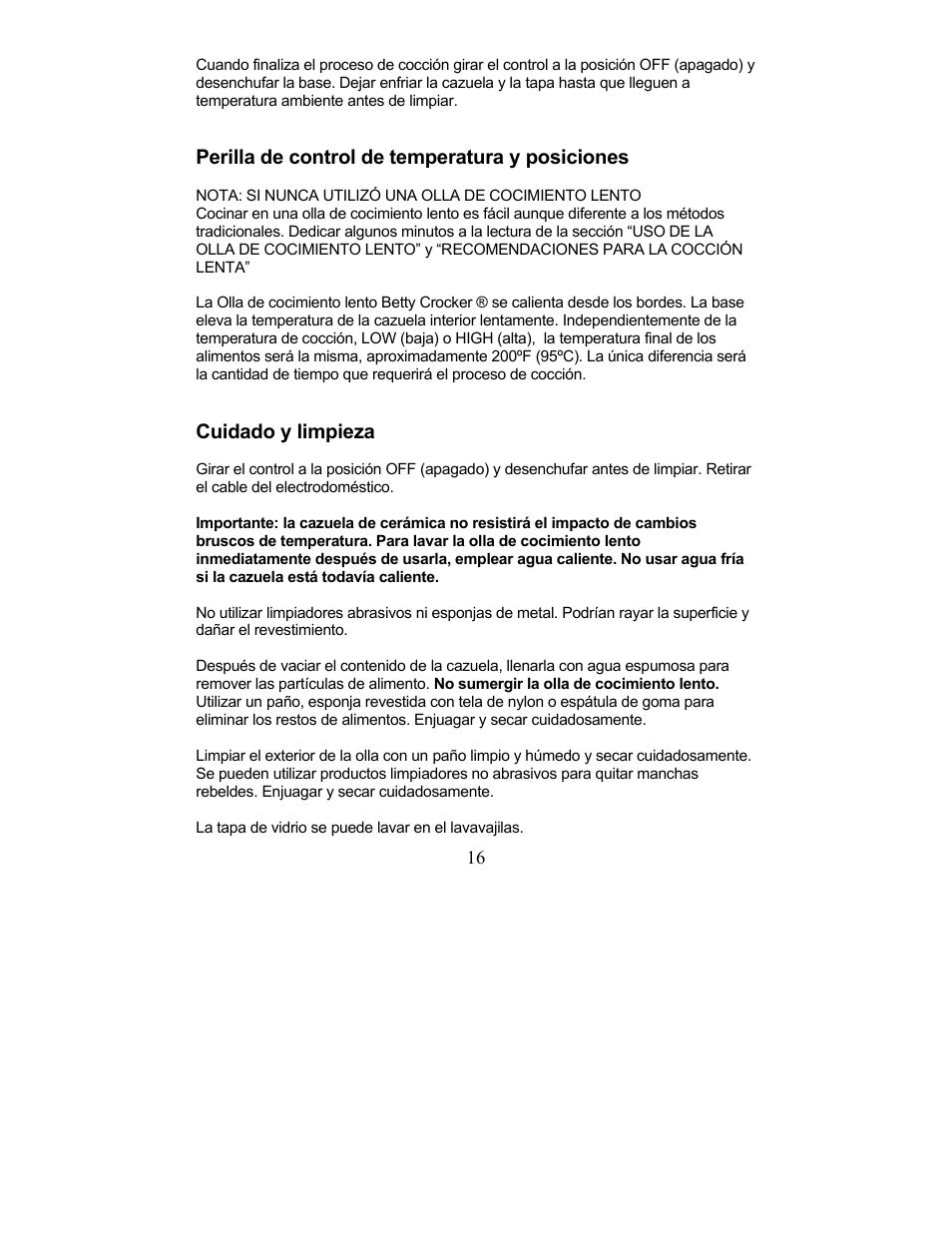 Perilla de control de temperatura y posiciones, Cuidado y limpieza | Magic Chef MCSC3CRs User Manual | Page 16 / 19