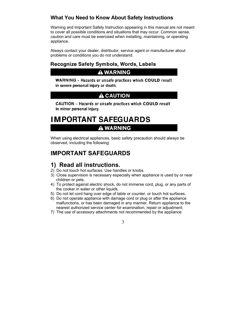 What you need to know about safety instructions, Important safeguards, 1) read all instructions | Magic Chef MCSC3CRs User Manual | Page 3 / 19