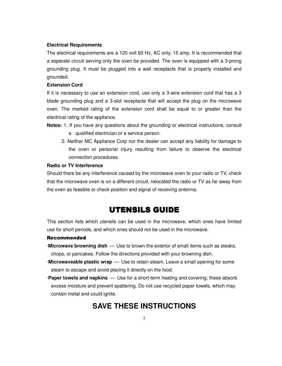 Utensils guide, Save these instructions | Magic Chef MCD775W1 User Manual | Page 6 / 17