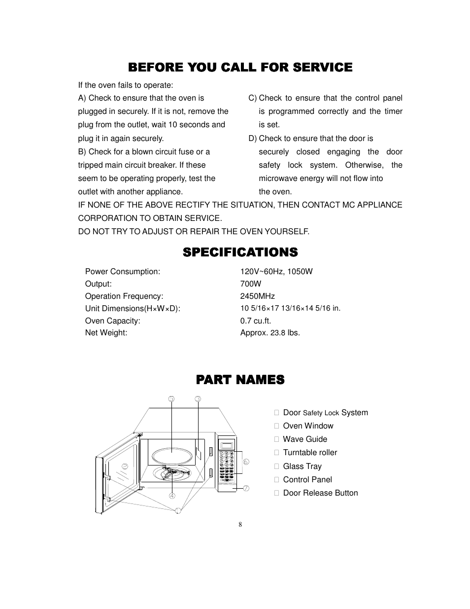 Before you call for service, Specifications, Part names part names part names part names | Magic Chef MCD775W1 User Manual | Page 9 / 17