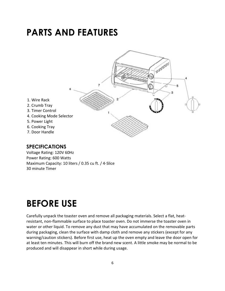 Parts and features, Before use | Magic Chef MCSTO4ST User Manual | Page 6 / 9