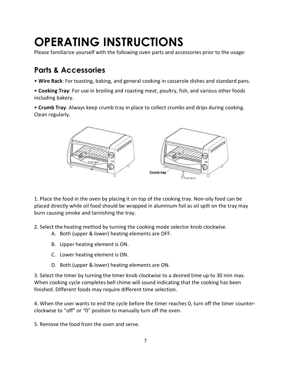 Operating instructions, Parts & accessories | Magic Chef MCSTO4ST User Manual | Page 7 / 9