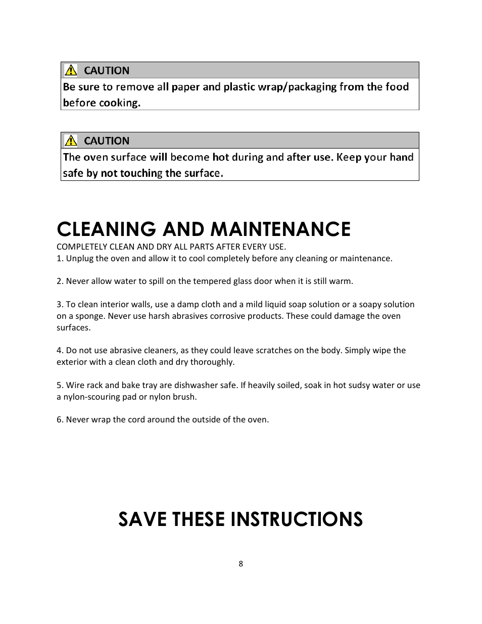 Cleaning and maintenance, Save these instructions | Magic Chef MCSTO4ST User Manual | Page 8 / 9