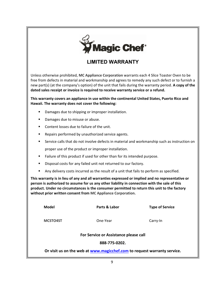 Limited warranty | Magic Chef MCSTO4ST User Manual | Page 9 / 9