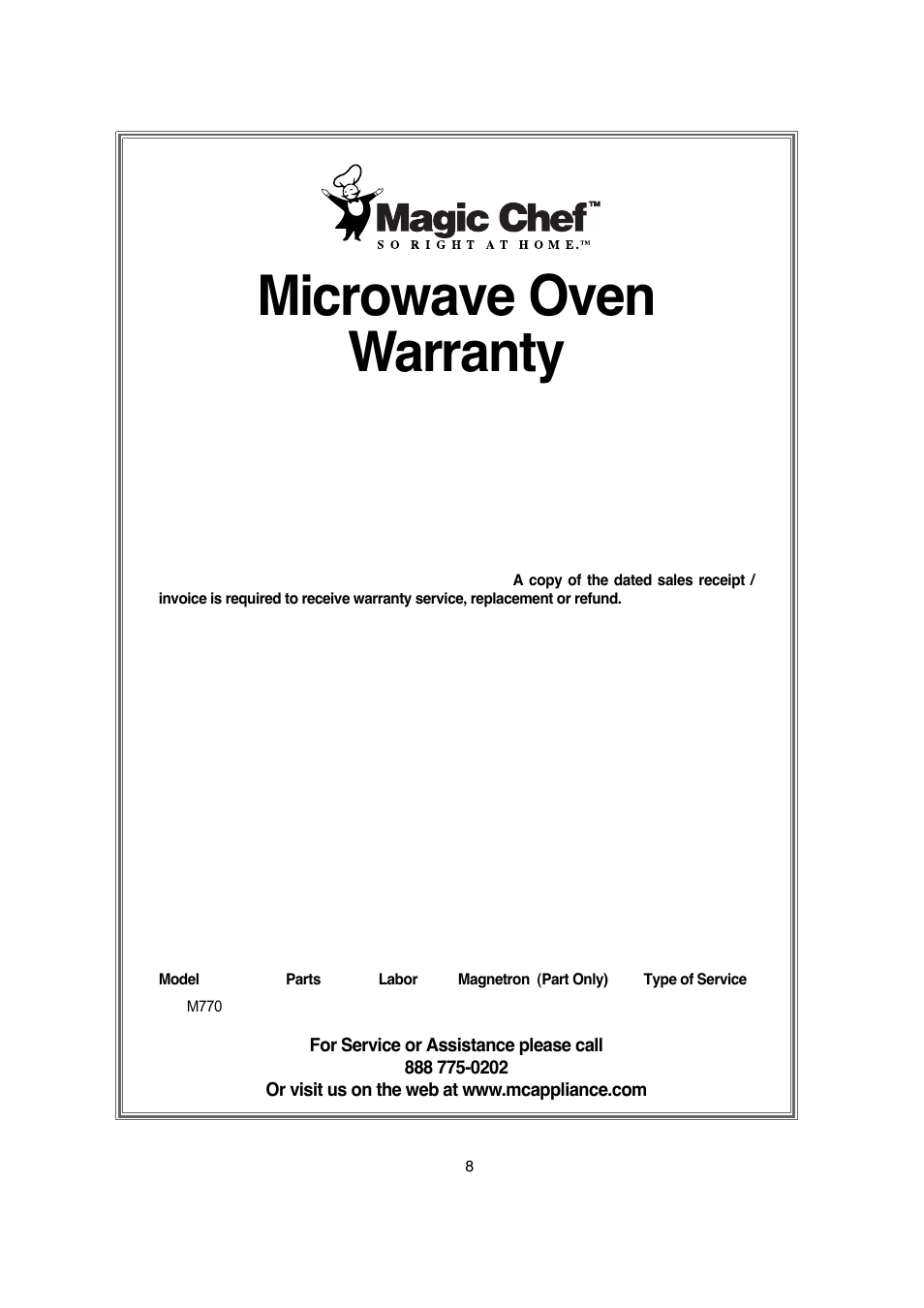 Microwave oven warranty | Magic Chef MCM770W/B User Manual | Page 19 / 19
