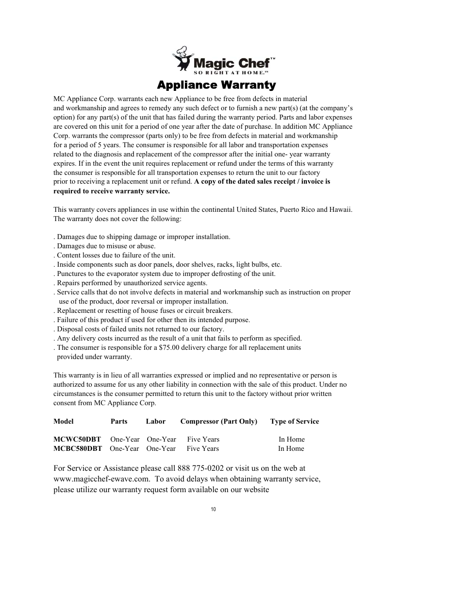 Appliance warranty | Magic Chef MCBC580DBT User Manual | Page 11 / 11
