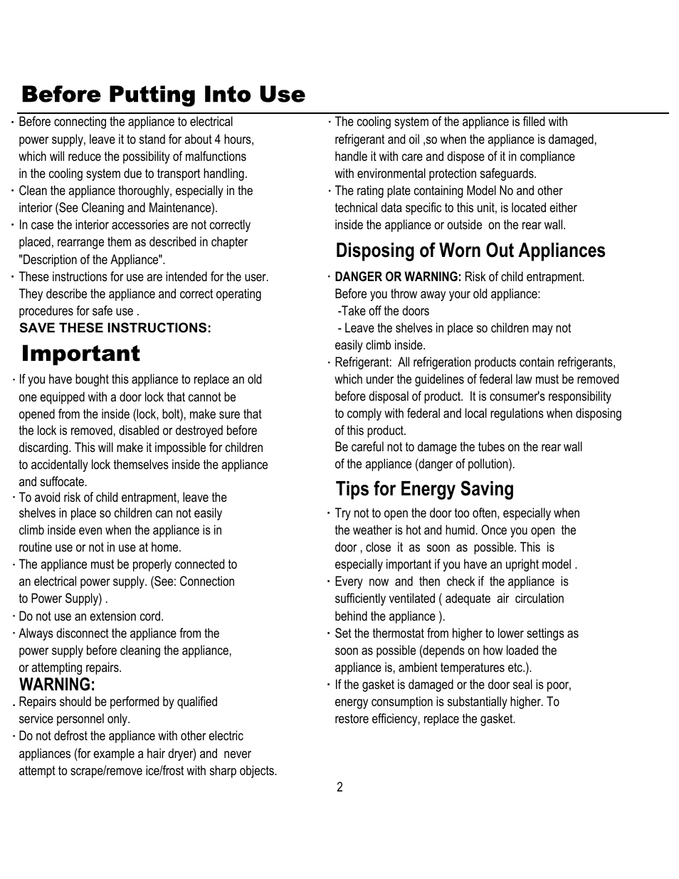 Important, Before putting into use, Warning | Magic Chef MCBC580DBT User Manual | Page 3 / 11