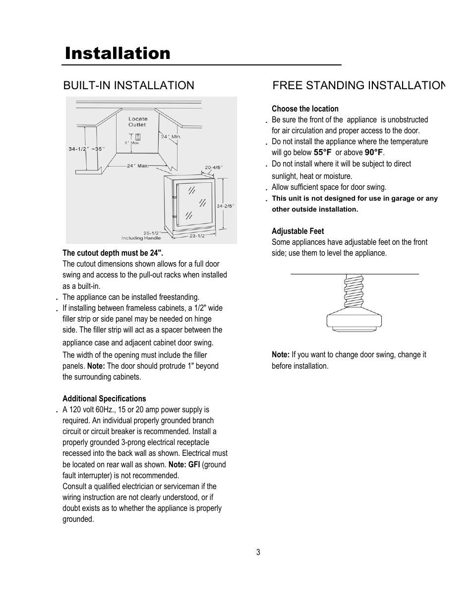 Installation, Built-in installation, Free standing installation | Magic Chef MCBC580DBT User Manual | Page 4 / 11