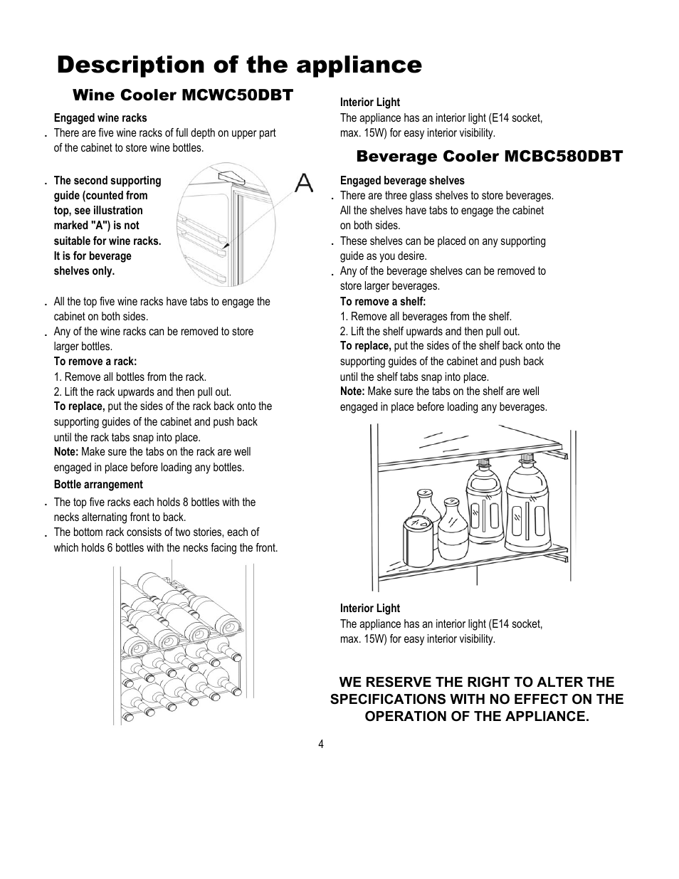 Description of the appliance, Beverage cooler mcbc580dbt, Wine cooler mcwc50dbt | Magic Chef MCBC580DBT User Manual | Page 5 / 11