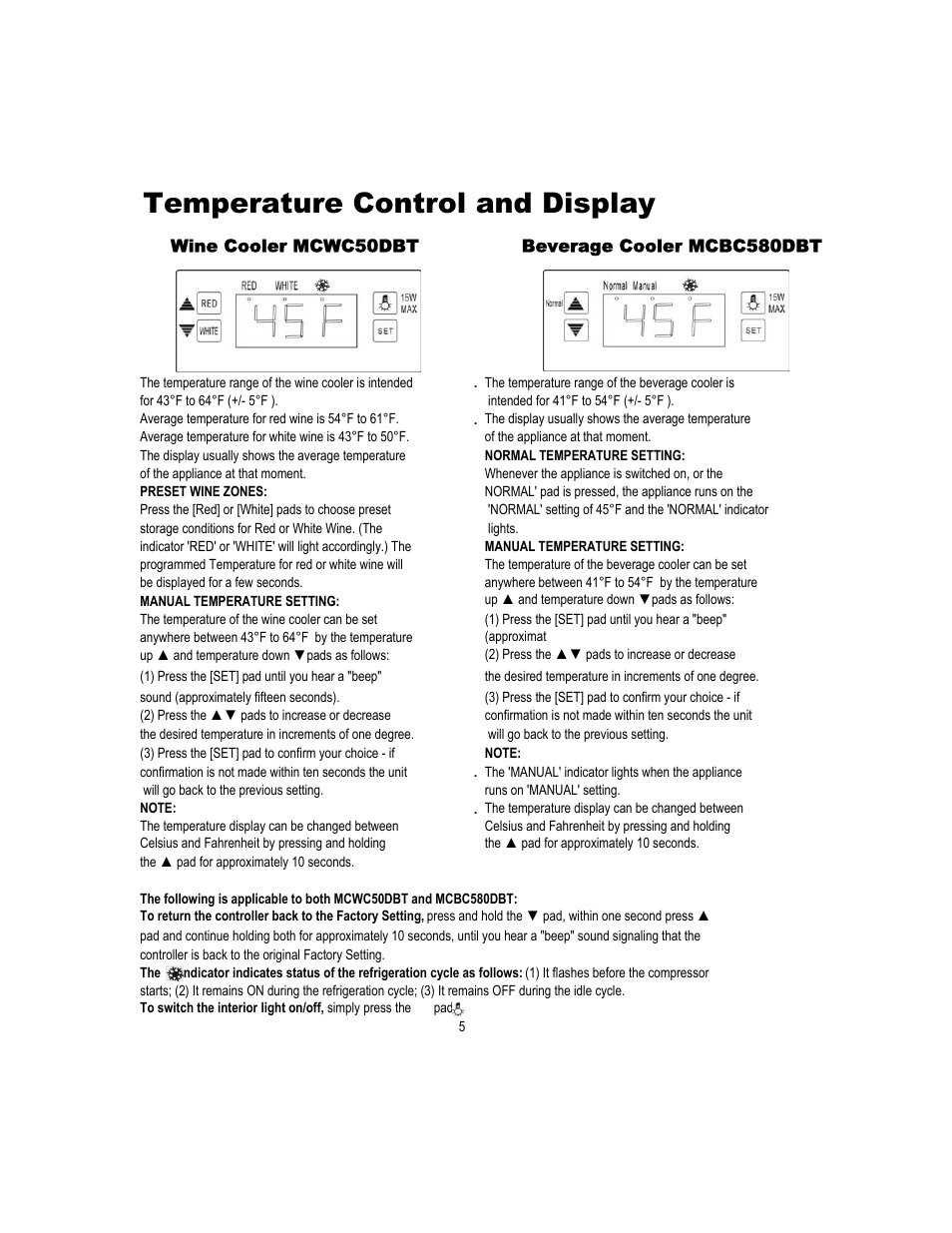 Temperature control and display | Magic Chef MCBC580DBT User Manual | Page 6 / 11