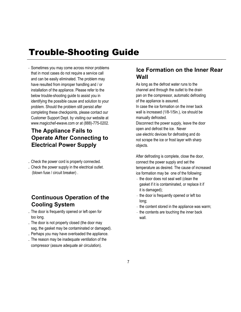 Trouble-shooting guide, Ice formation on the inner rear wall, Continuous operation of the cooling system | Magic Chef MCBC580DBT User Manual | Page 8 / 11