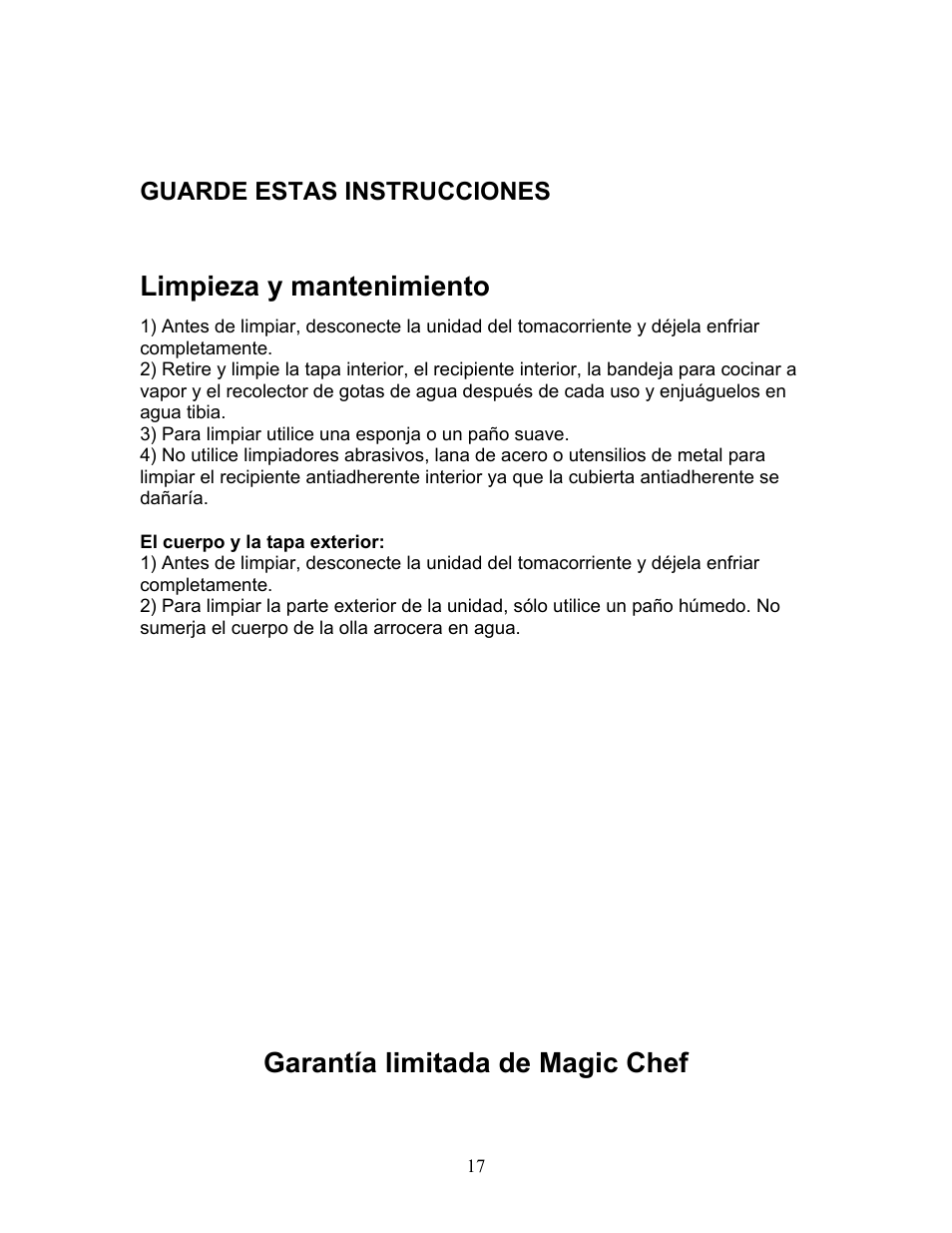 Limpieza y mantenimiento, Garantía limitada de magic chef, Guarde estas instrucciones | Magic Chef MCRC1W User Manual | Page 17 / 18