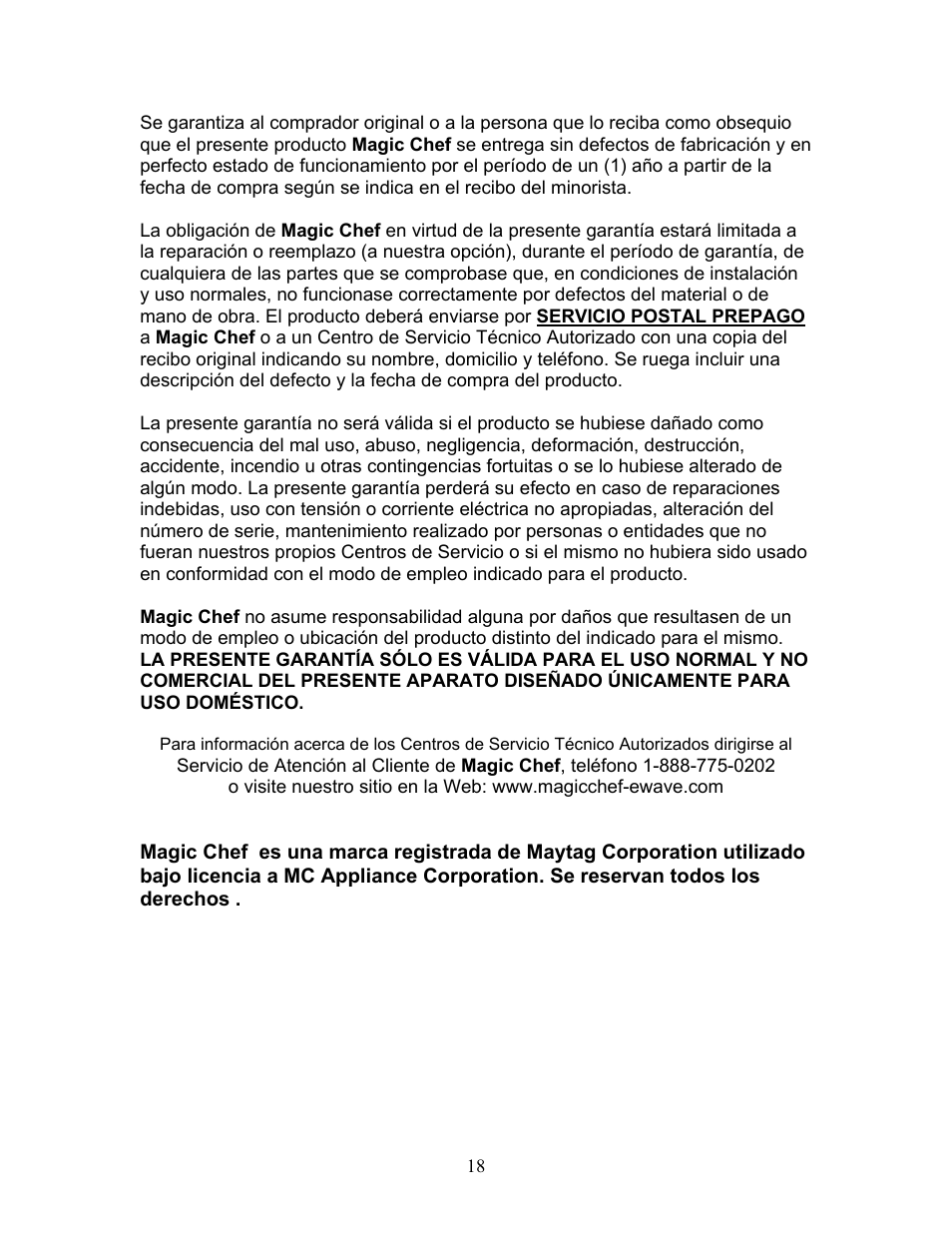 Magic Chef MCRC1W User Manual | Page 18 / 18