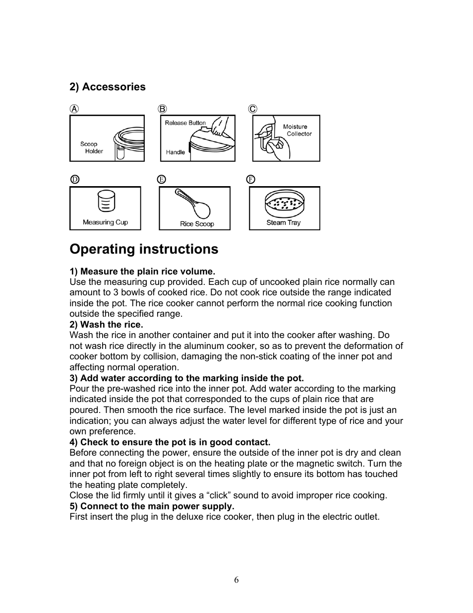 2) accessories, Operating instructions | Magic Chef MCRC1W User Manual | Page 6 / 18