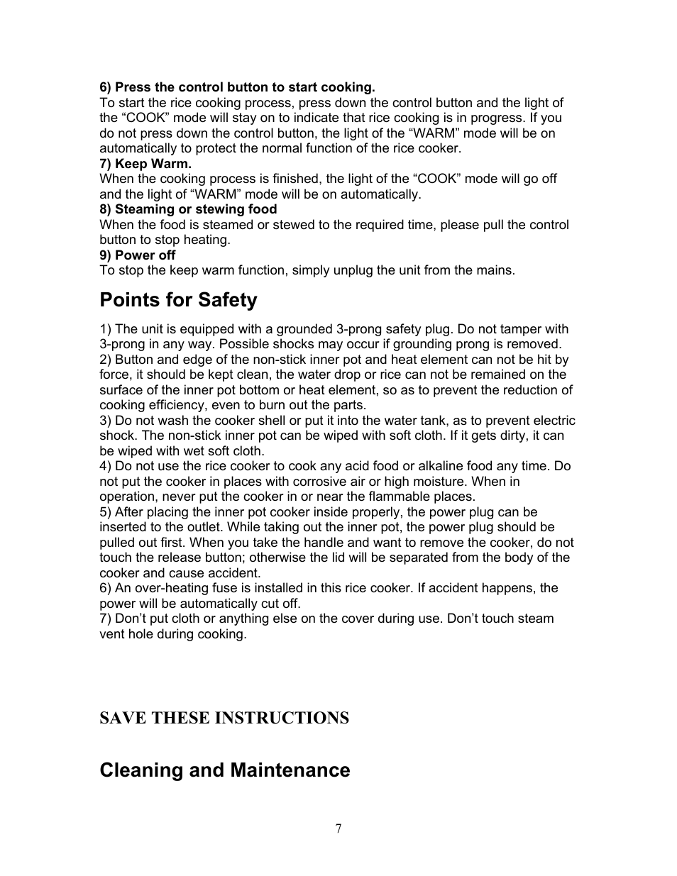 Points for safety, Cleaning and maintenance, Save these instructions | Magic Chef MCRC1W User Manual | Page 7 / 18