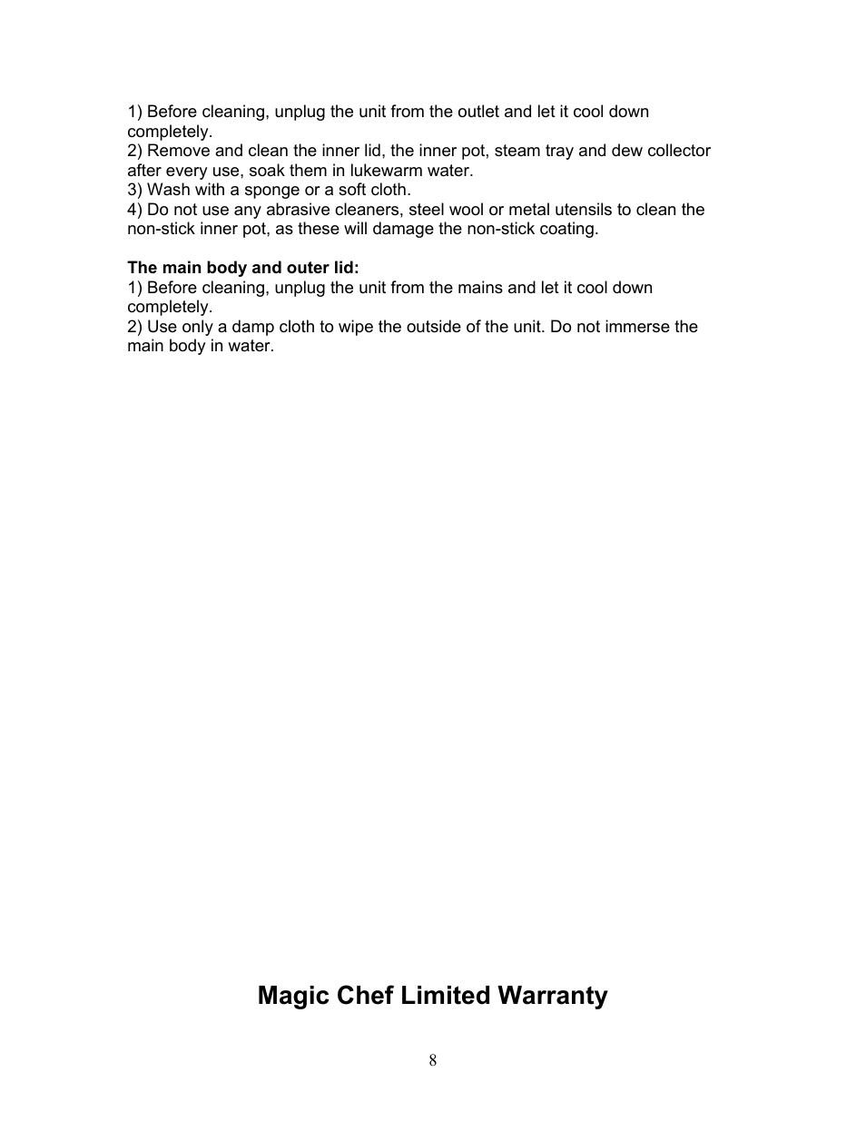 Magic chef limited warranty | Magic Chef MCRC1W User Manual | Page 8 / 18