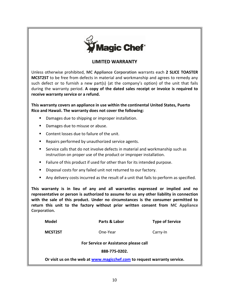 Magic Chef 2 SLICE MCST2ST User Manual | Page 10 / 10