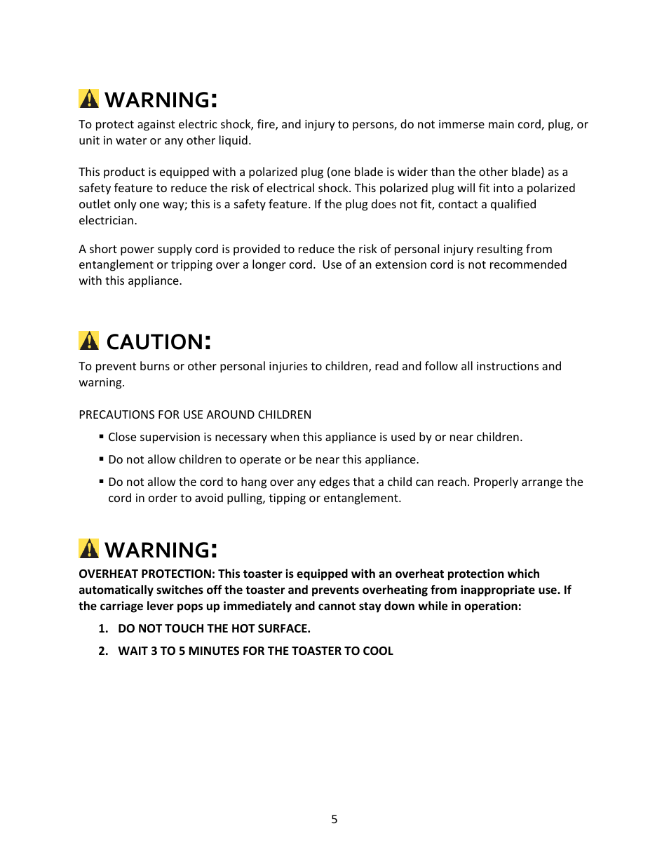 Warning, Caution | Magic Chef 2 SLICE MCST2ST User Manual | Page 5 / 10