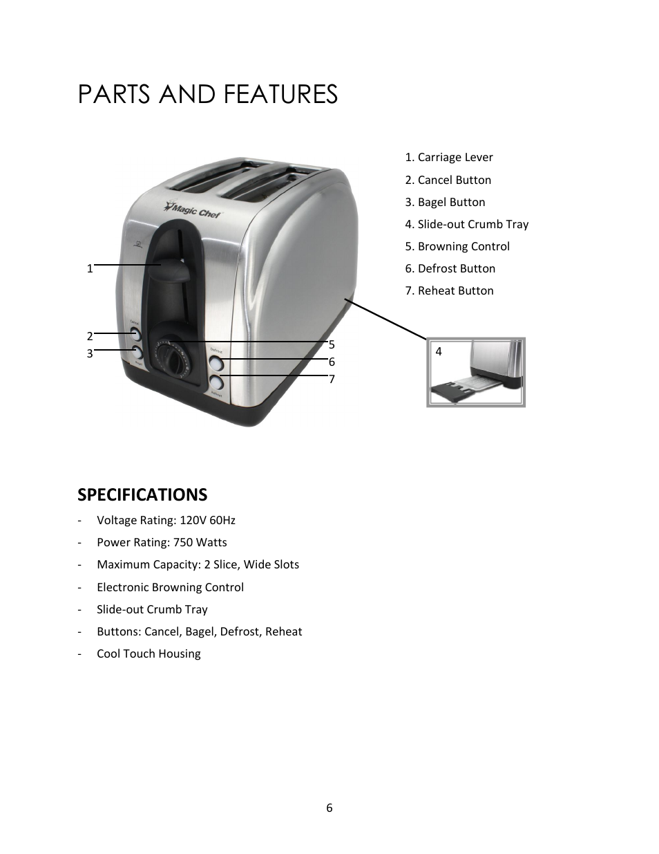 Parts and features, Specifications | Magic Chef 2 SLICE MCST2ST User Manual | Page 6 / 10
