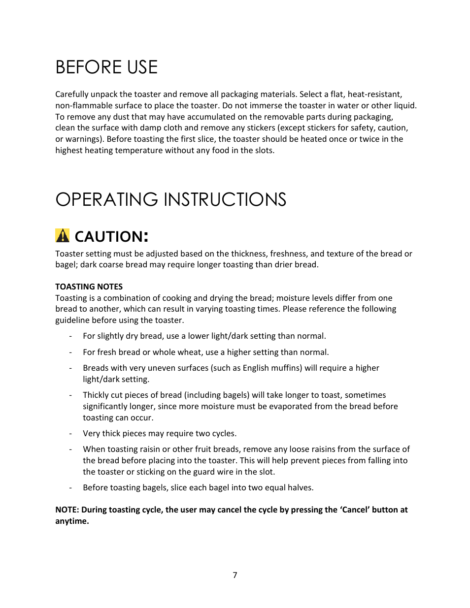 Before use, Operating instructions, Caution | Magic Chef 2 SLICE MCST2ST User Manual | Page 7 / 10