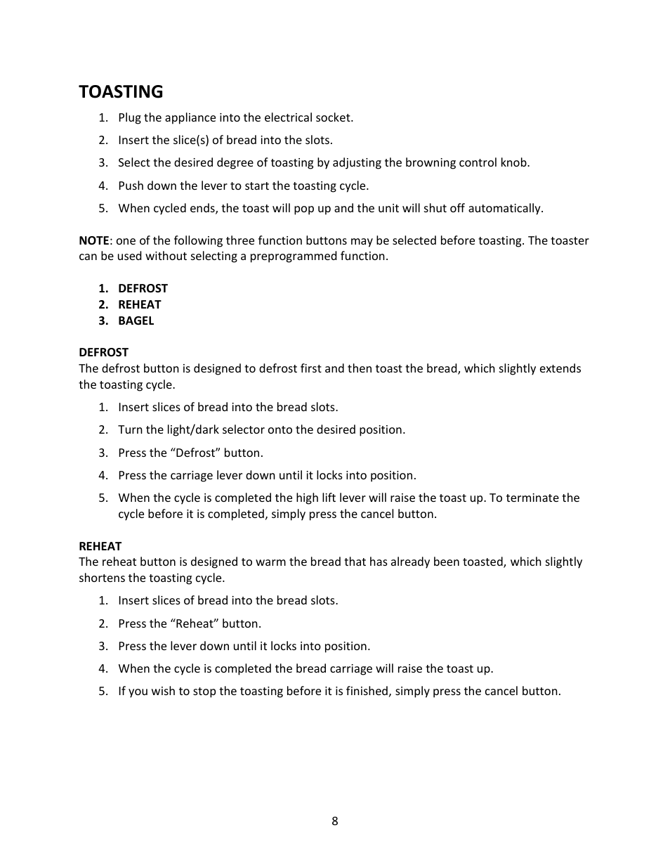 Toasting | Magic Chef 2 SLICE MCST2ST User Manual | Page 8 / 10