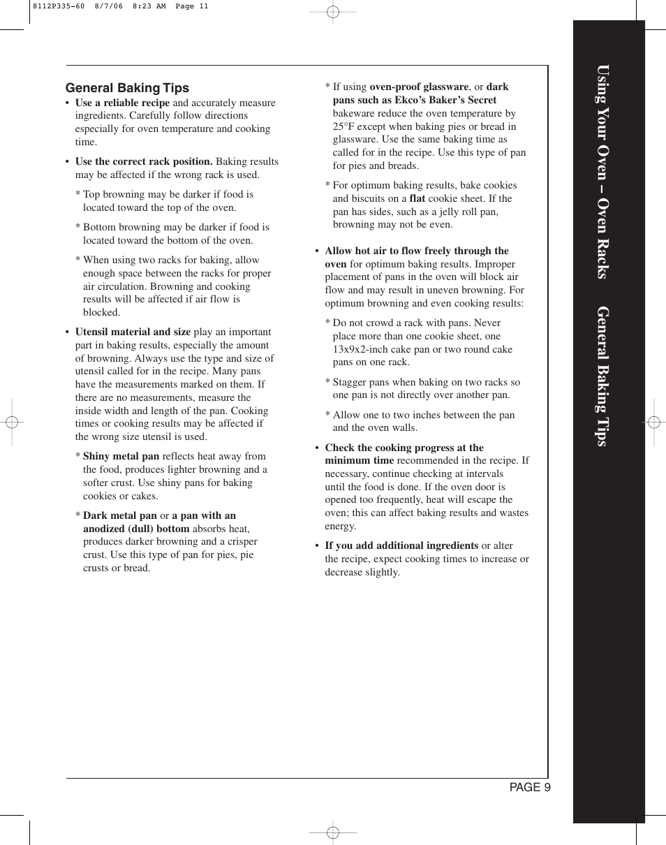 Using y our oven – oven racks general baking t ips | Magic Chef CWG3600AAB User Manual | Page 11 / 24