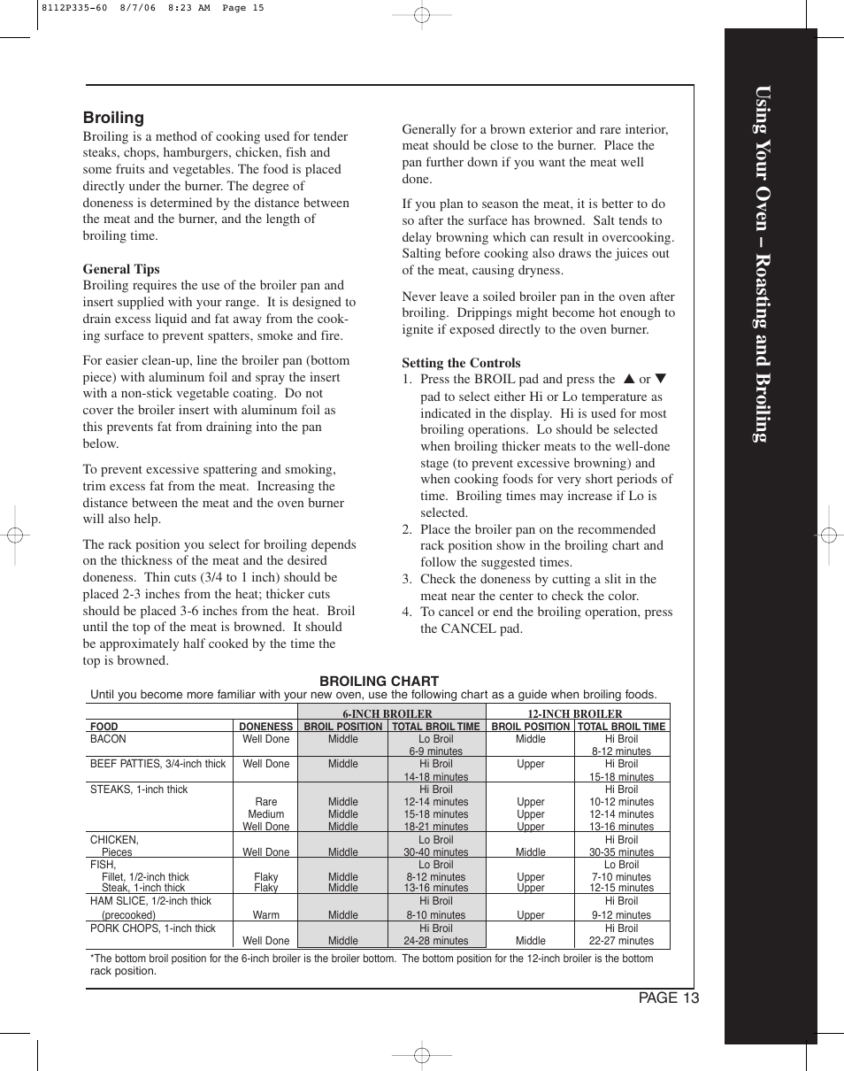 Using y our oven – roasting and br oiling, Broiling, Page 13 | Magic Chef CWG3600AAB User Manual | Page 15 / 24