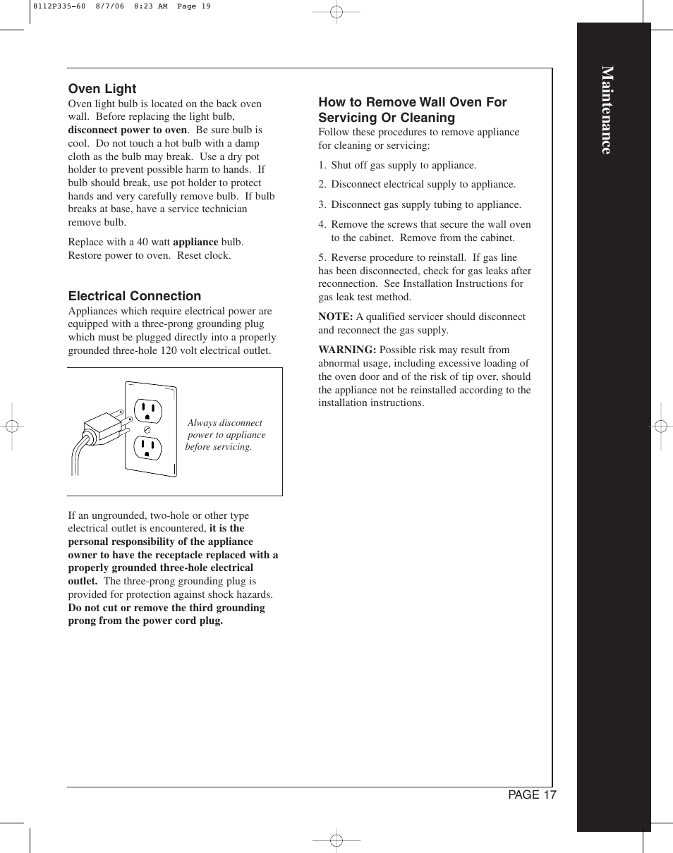 Maintenance | Magic Chef CWG3600AAB User Manual | Page 19 / 24