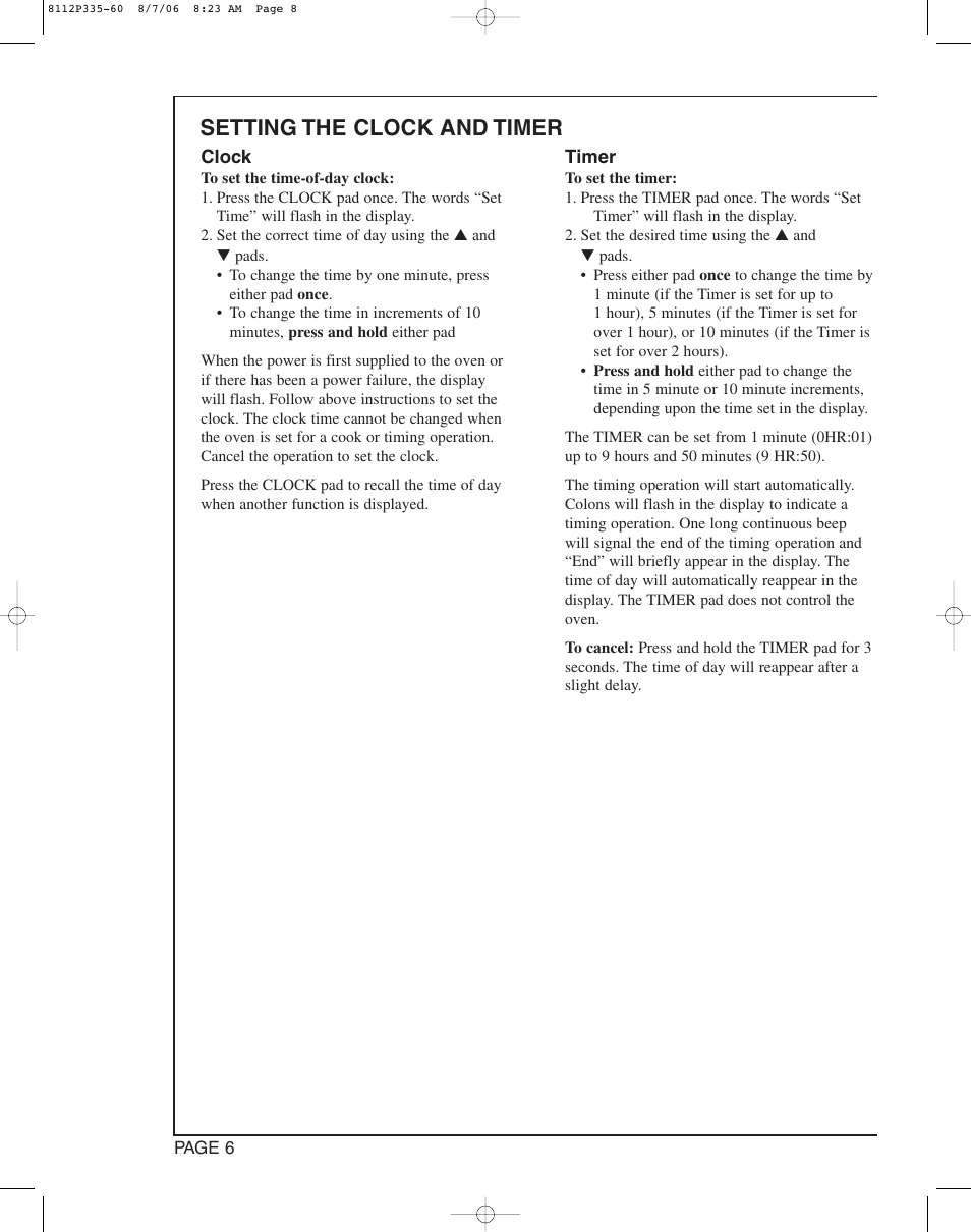 Setting the clock and timer | Magic Chef CWG3600AAB User Manual | Page 8 / 24