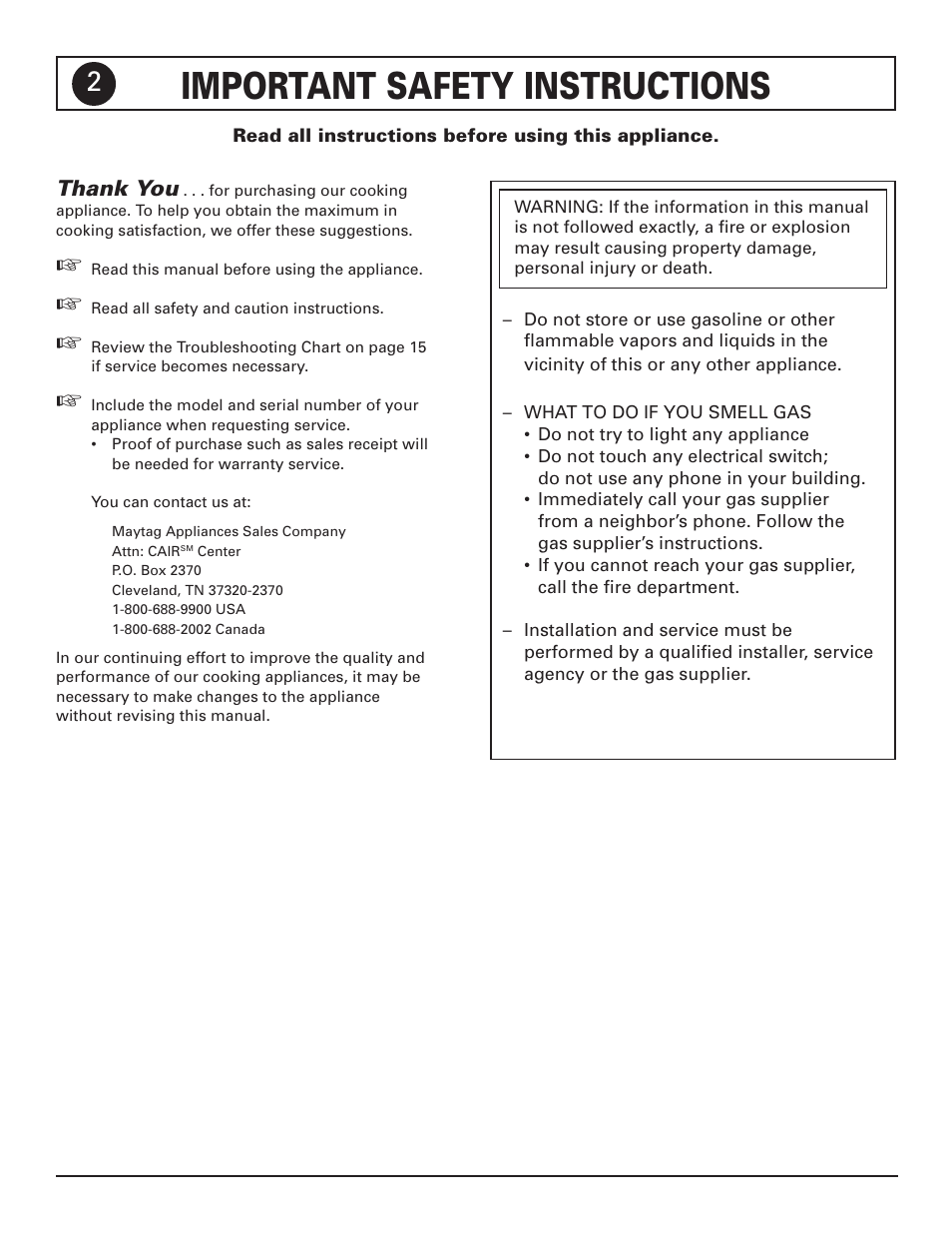 Important safety instructions | Magic Chef 9122 Gas User Manual | Page 2 / 16