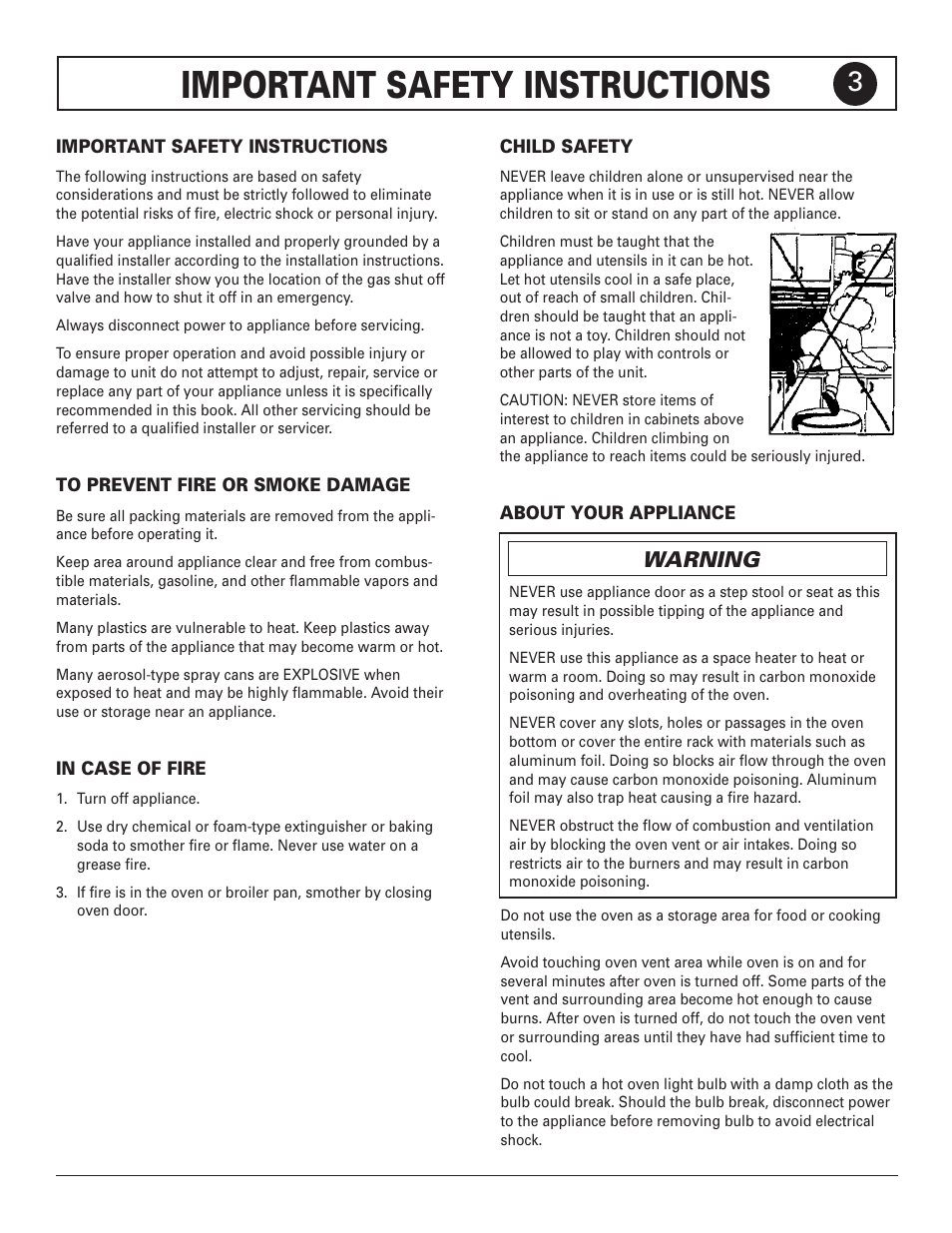 Important safety instructions, Warning | Magic Chef 9122 Gas User Manual | Page 3 / 16