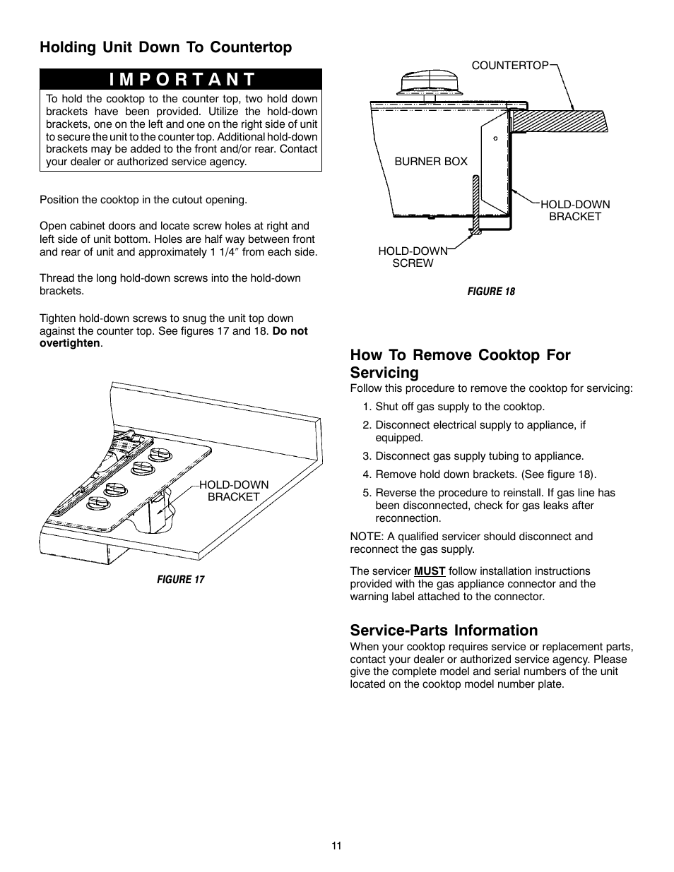 Holding unit down to countertop, How to remove cooktop for servicing, Service-parts information | Magic Chef W10187822 User Manual | Page 11 / 33