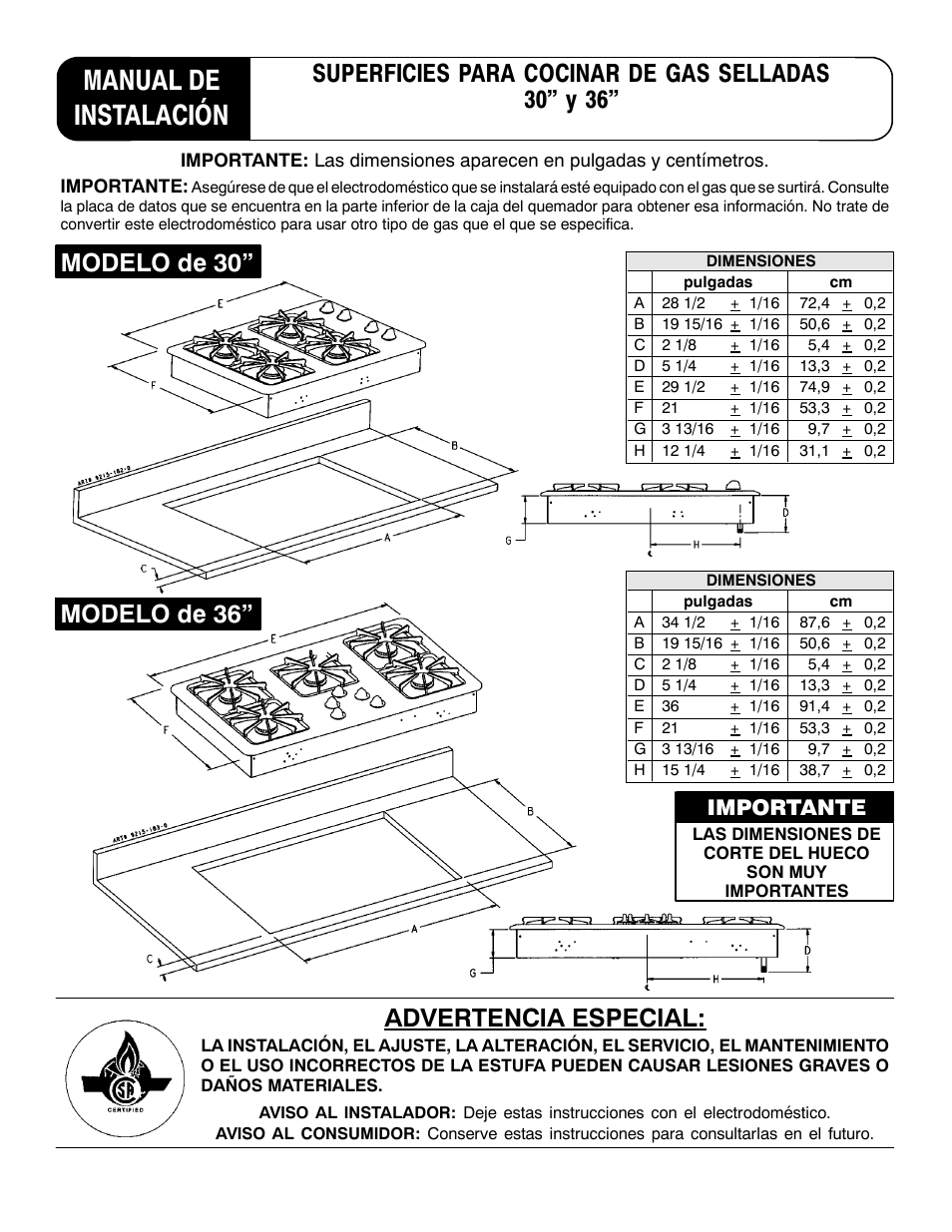 Manual de instalación, Modelo de 36, Modelo de 30 | Importante | Magic Chef W10187822 User Manual | Page 12 / 33