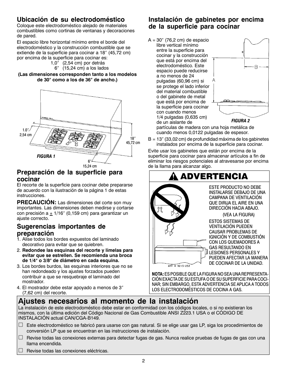 Advertencia, Ajustes necesarios al momento de la instalación, Ubicación de su electrodoméstico | Preparación de la superficie para cocinar, Sugerencias importantes de preparación | Magic Chef W10187822 User Manual | Page 13 / 33