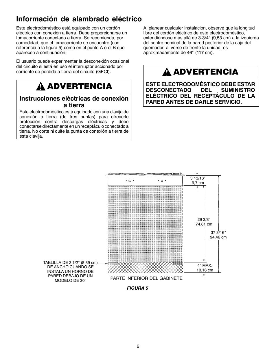 Advertencia, Información de alambrado eléctrico, Instrucciones eléctricas de conexión a tierra | Magic Chef W10187822 User Manual | Page 17 / 33
