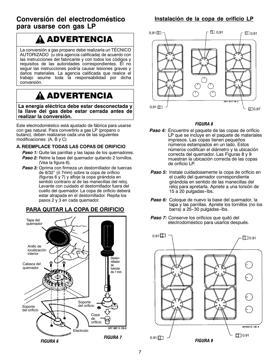 Advertencia, Para quitar la copa de orificio, Instalación de la copa de orificio lp | Magic Chef W10187822 User Manual | Page 18 / 33