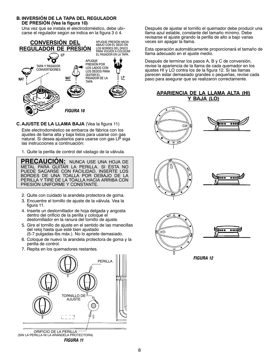 Precaución, Conversión del regulador de presión, Apariencia de la llama alta (hi) y baja (lo) | Magic Chef W10187822 User Manual | Page 19 / 33