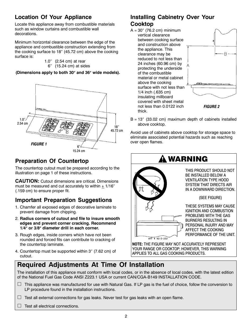 Warning, Required adjustments at time of installation, Preparation of countertop | Important preparation suggestions, Location of your appliance, Installing cabinetry over your cooktop | Magic Chef W10187822 User Manual | Page 2 / 33