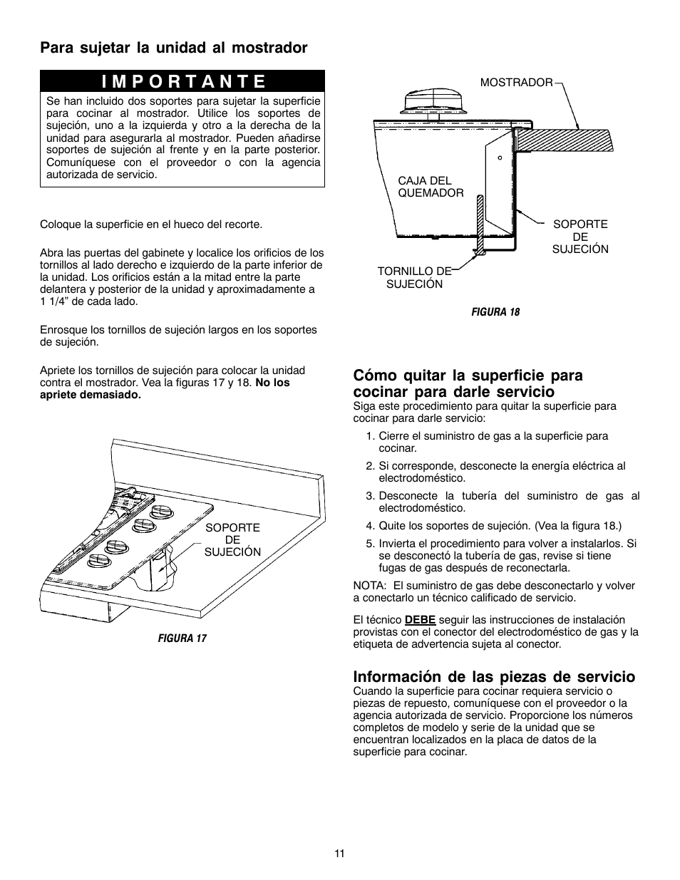 Para sujetar la unidad al mostrador, Información de las piezas de servicio | Magic Chef W10187822 User Manual | Page 22 / 33
