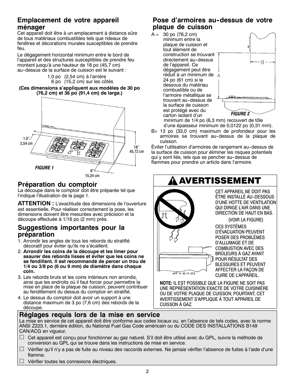 Avertissement, Emplacement de votre appareil ménager, Préparation du comptoir | Suggestions importantes pour la préparation, Réglages requis lors de la mise en service | Magic Chef W10187822 User Manual | Page 24 / 33