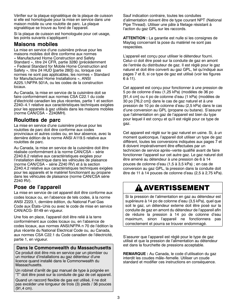 Avertissement, Maisons mobiles, Roulottes de parc | Pose de l’appareil | Magic Chef W10187822 User Manual | Page 25 / 33