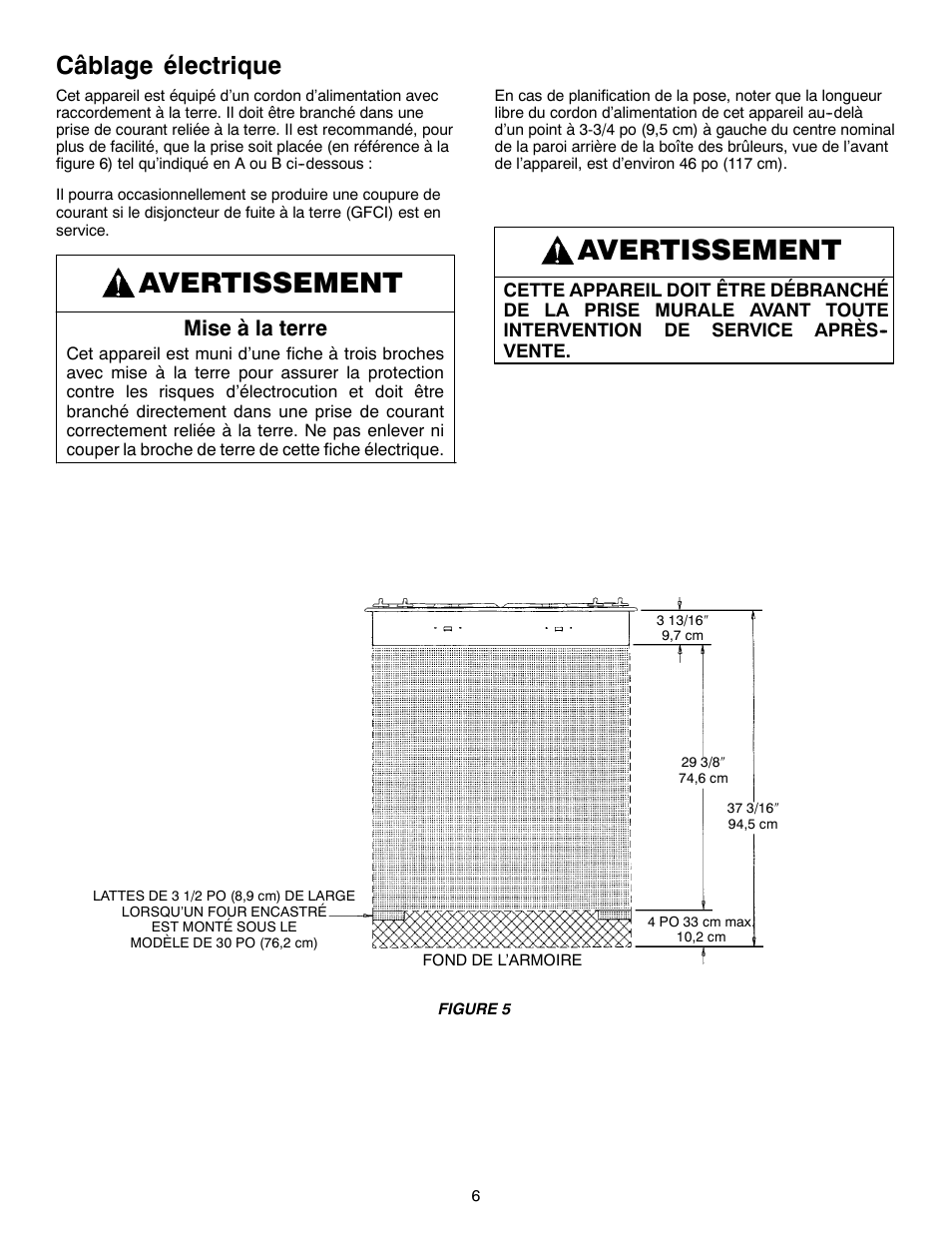 Avertissement, Câblage électrique, Mise à la terre | Magic Chef W10187822 User Manual | Page 28 / 33