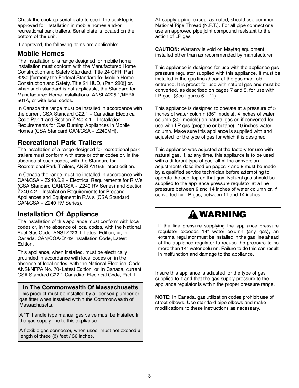 Warning, Mobile homes, Recreational park trailers | Installation of appliance | Magic Chef W10187822 User Manual | Page 3 / 33