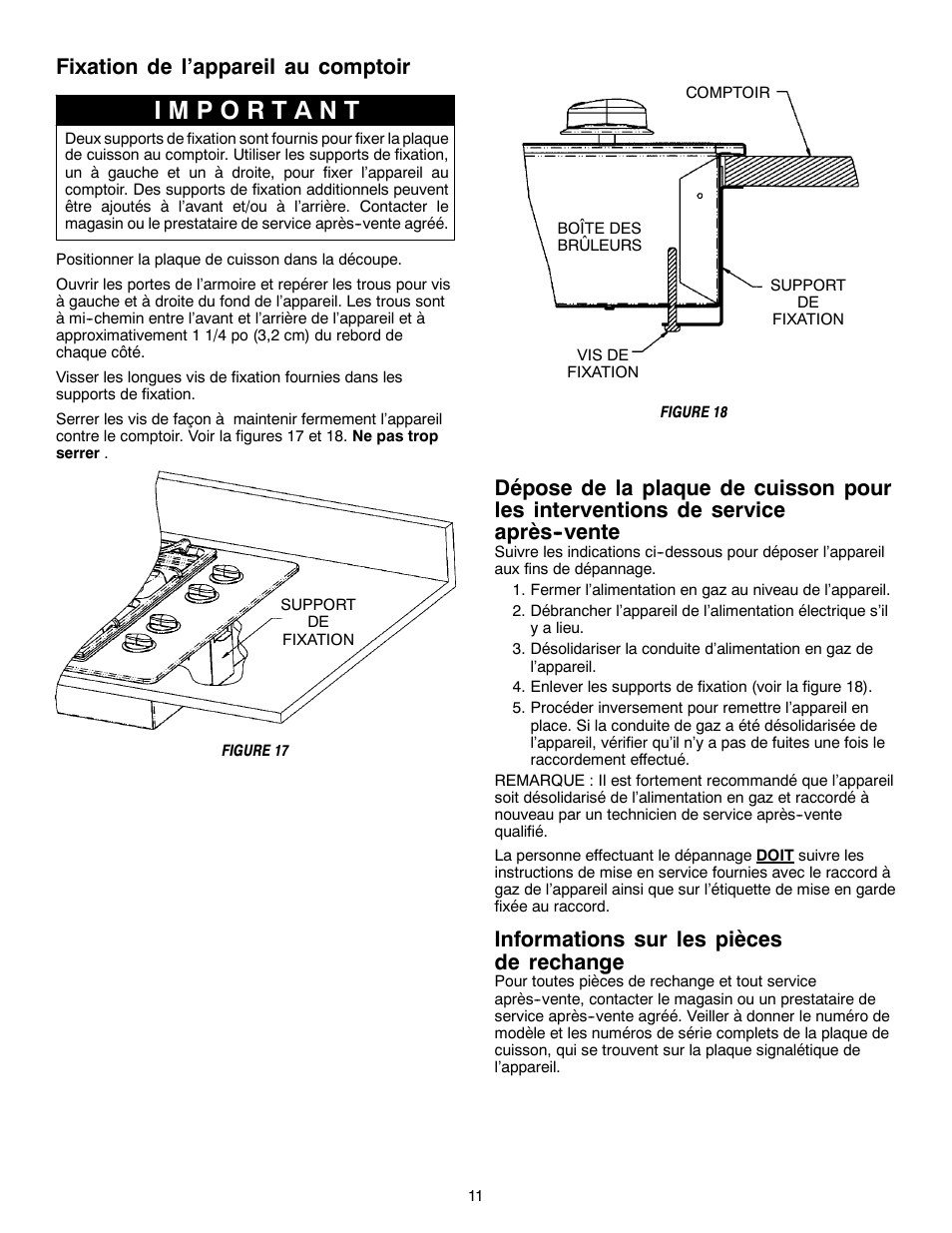 Fixation de l’appareil au comptoir, Informations sur les pièces de rechange | Magic Chef W10187822 User Manual | Page 33 / 33