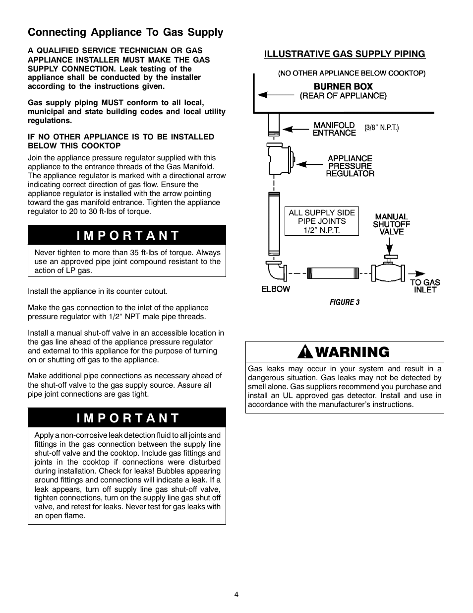 Warning, Connecting appliance to gas supply | Magic Chef W10187822 User Manual | Page 4 / 33