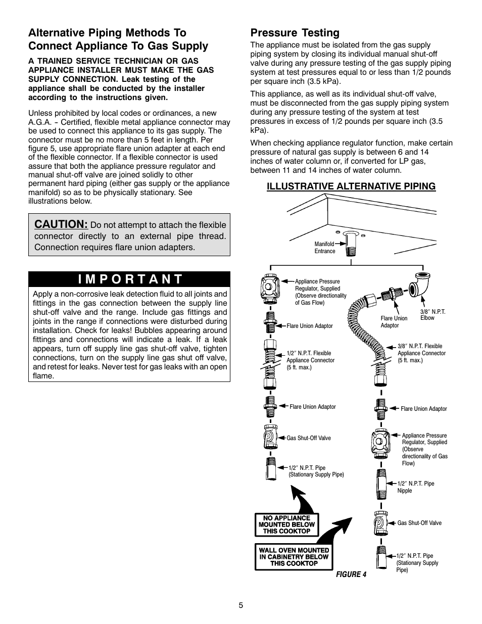 Caution, Pressure testing, Illustrative alternative piping | Magic Chef W10187822 User Manual | Page 5 / 33