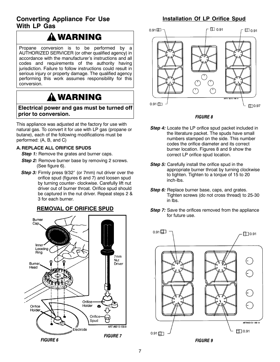 Warning, Converting appliance for use with lp gas | Magic Chef W10187822 User Manual | Page 7 / 33